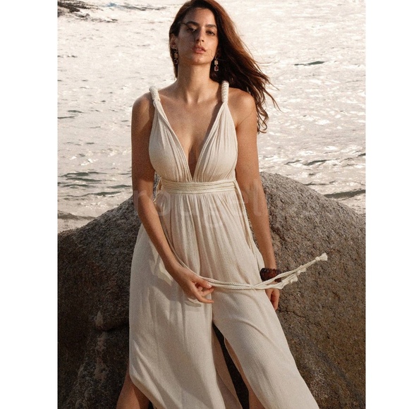 Beige Cream Viscose Greek Goddess Jumpsuit V-Neck Braided Straps Ties - Picture 6 of 14